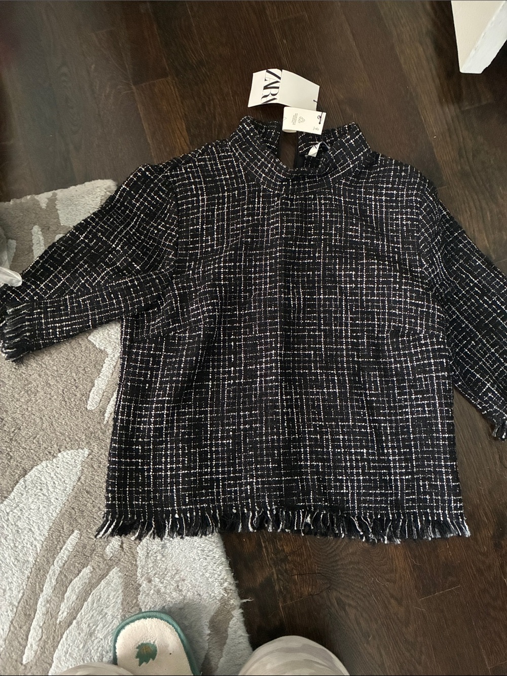 Zara Black and White Tweed Fringe Boxy Top